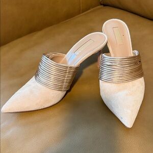 Aquazzura Cream Suede Pointed Mule Heels with Gold Ribbed Strap